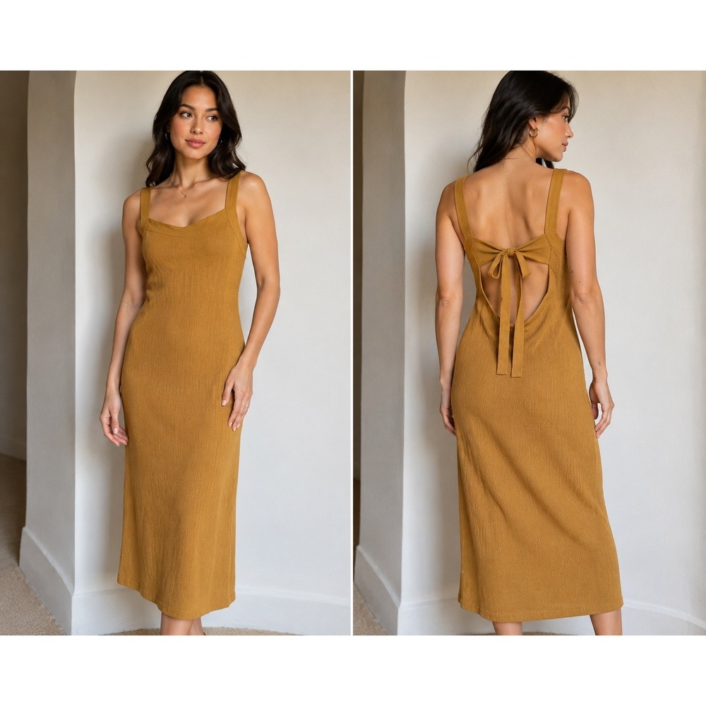 Urban Outfitters Mustard Yellow Knit Back Tie Midi Dress Medium Open Back